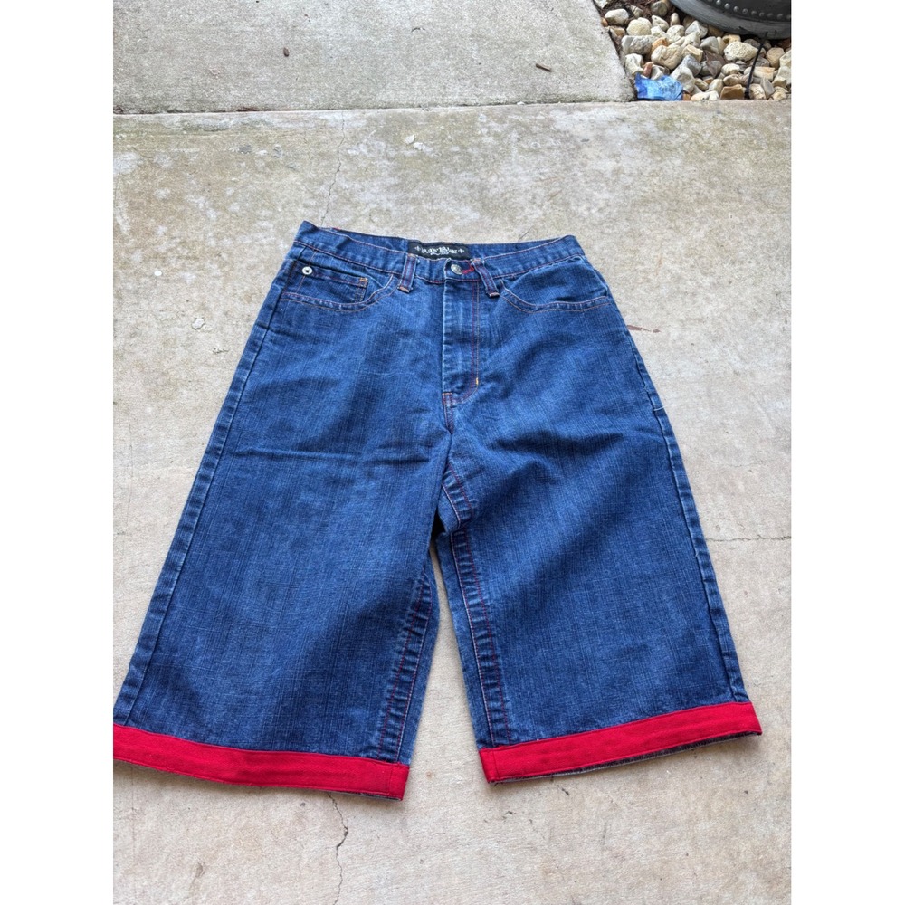 Raw Blue Mens Baggy Denim Shorts Red Trim Embroidered Y2K Streetwear Size 30